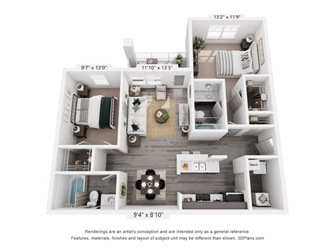 Floor plan for 2 beds, 2 baths, 1114 sqft